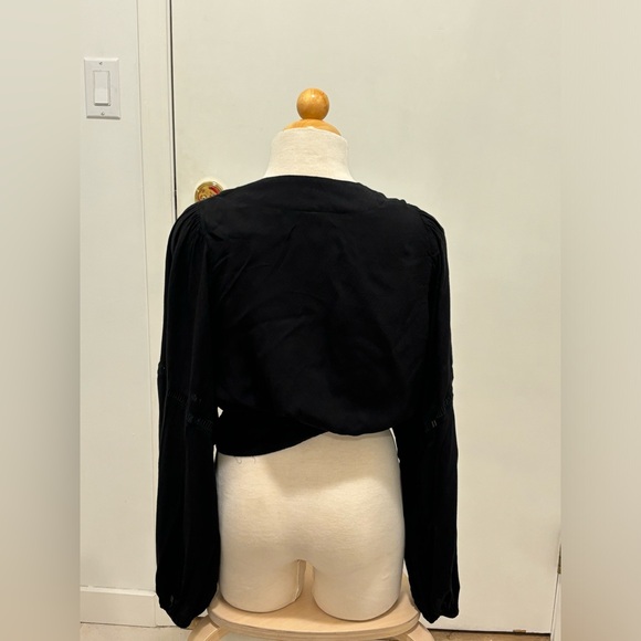 Free People Dream Girl Wrap Top M Black Puff Balloon Long Sleeves V-Neck - Picture 4 of 6